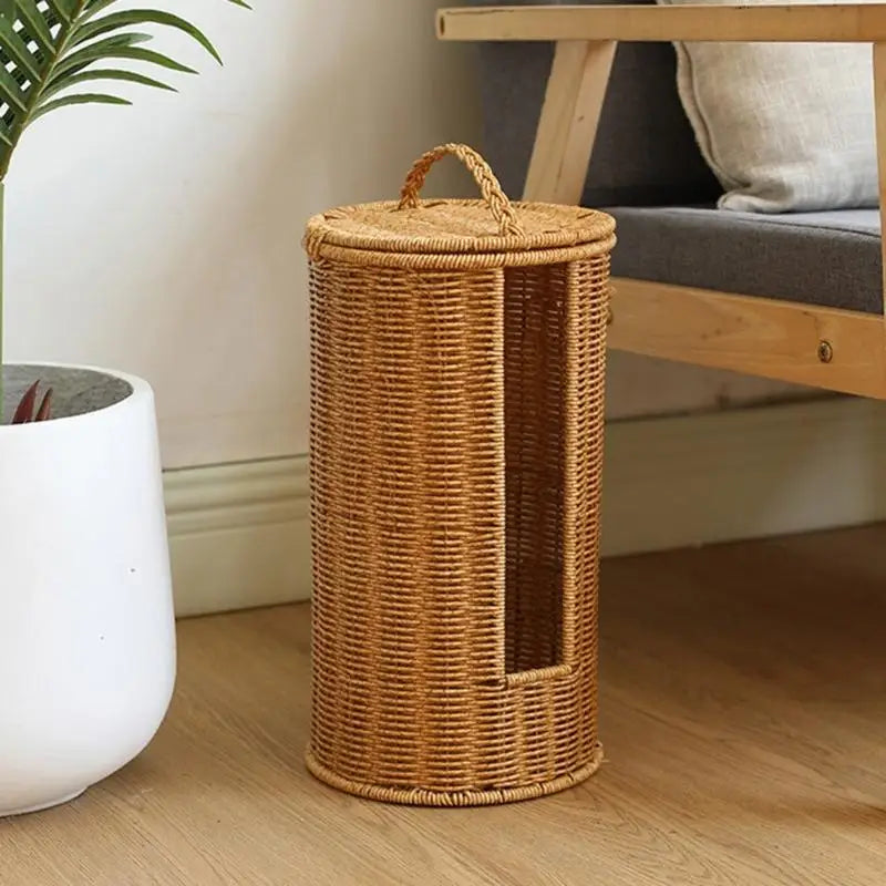 Cesto Cilíndrico de Rattan com Tampa e Abertura Frontal