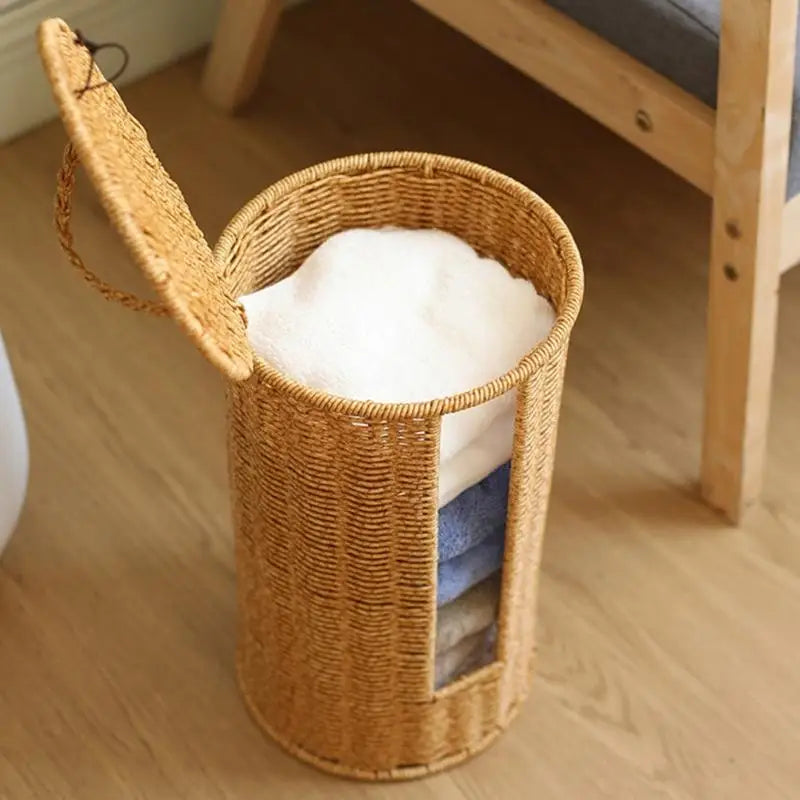 Cesto Cilíndrico de Rattan com Tampa e Abertura Frontal