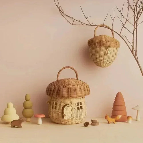 Cesta Cogumelo de Vime Artesanal com Tampa e Alça