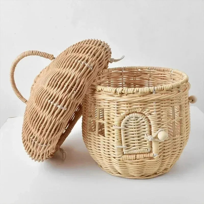 Cesta Cogumelo de Vime Artesanal com Tampa e Alça