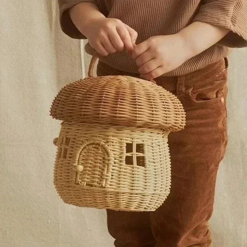 Cesta Cogumelo de Vime Artesanal com Tampa e Alça