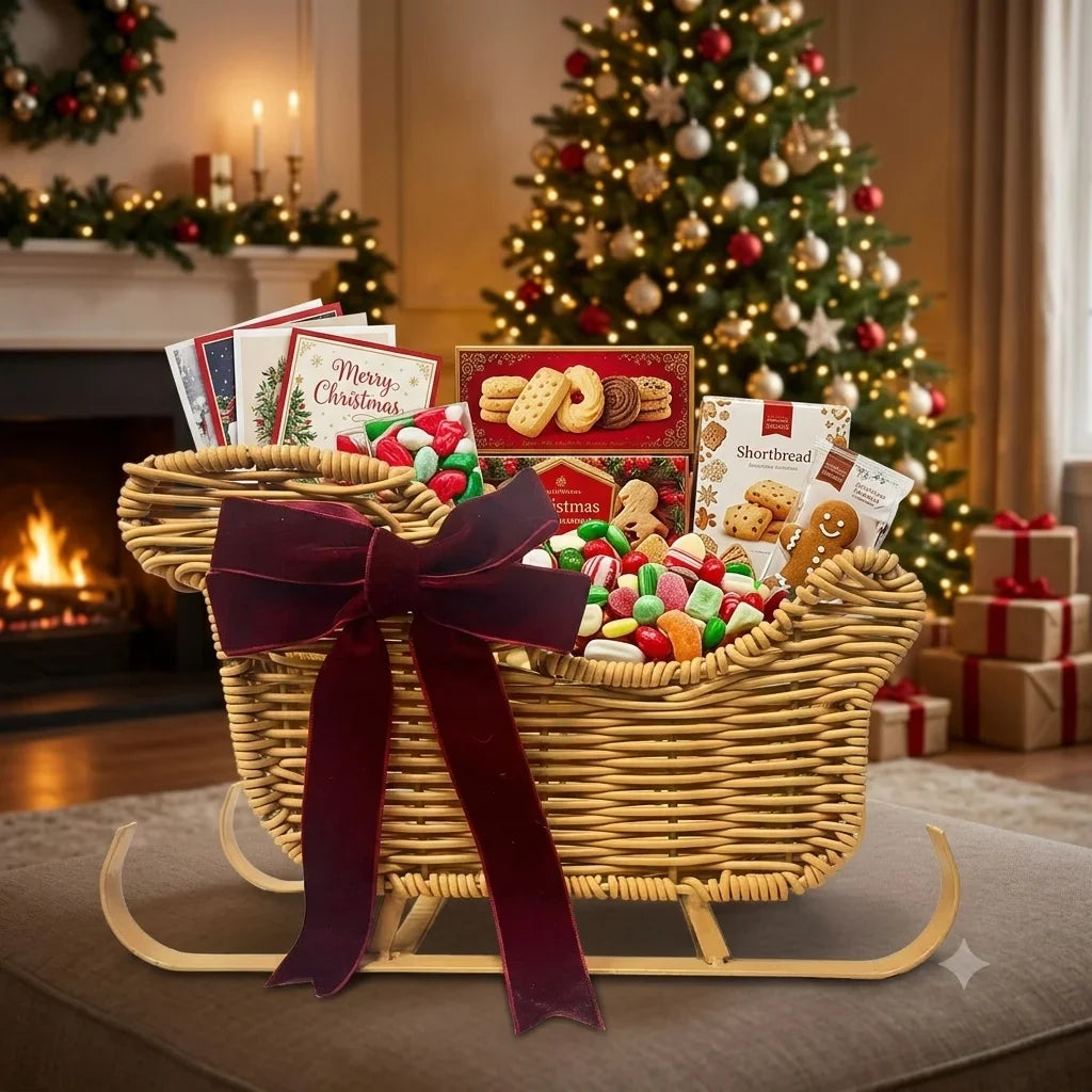 Cesta Trenó de Natal em Rattan com Laço de Veludo