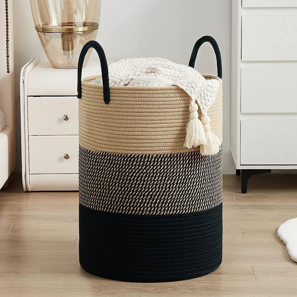 Cesto Alto Dobrável de Corda Bege e Preto, 58 L