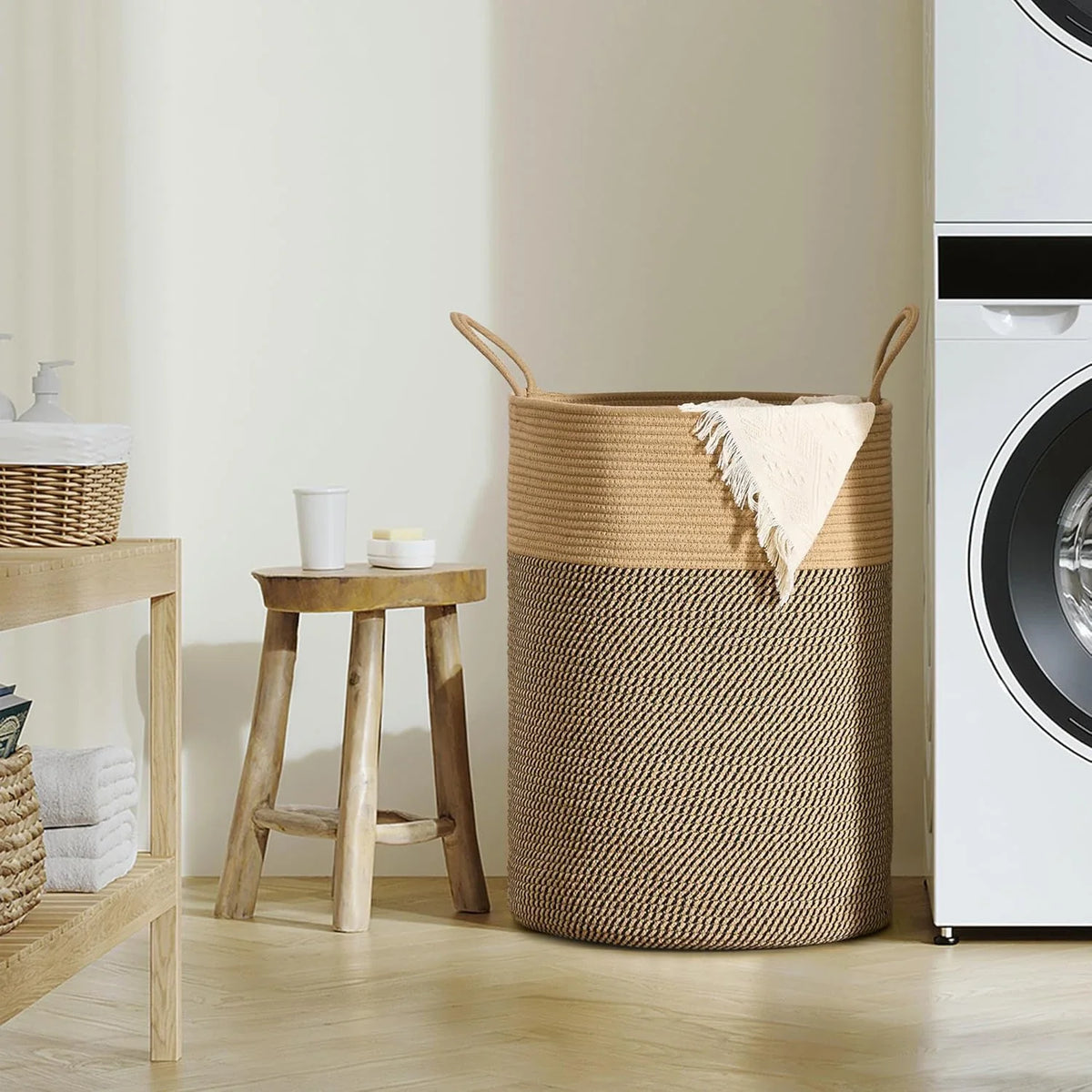 Cesto Alto de Corda Bicolor com Alças, 58 L
