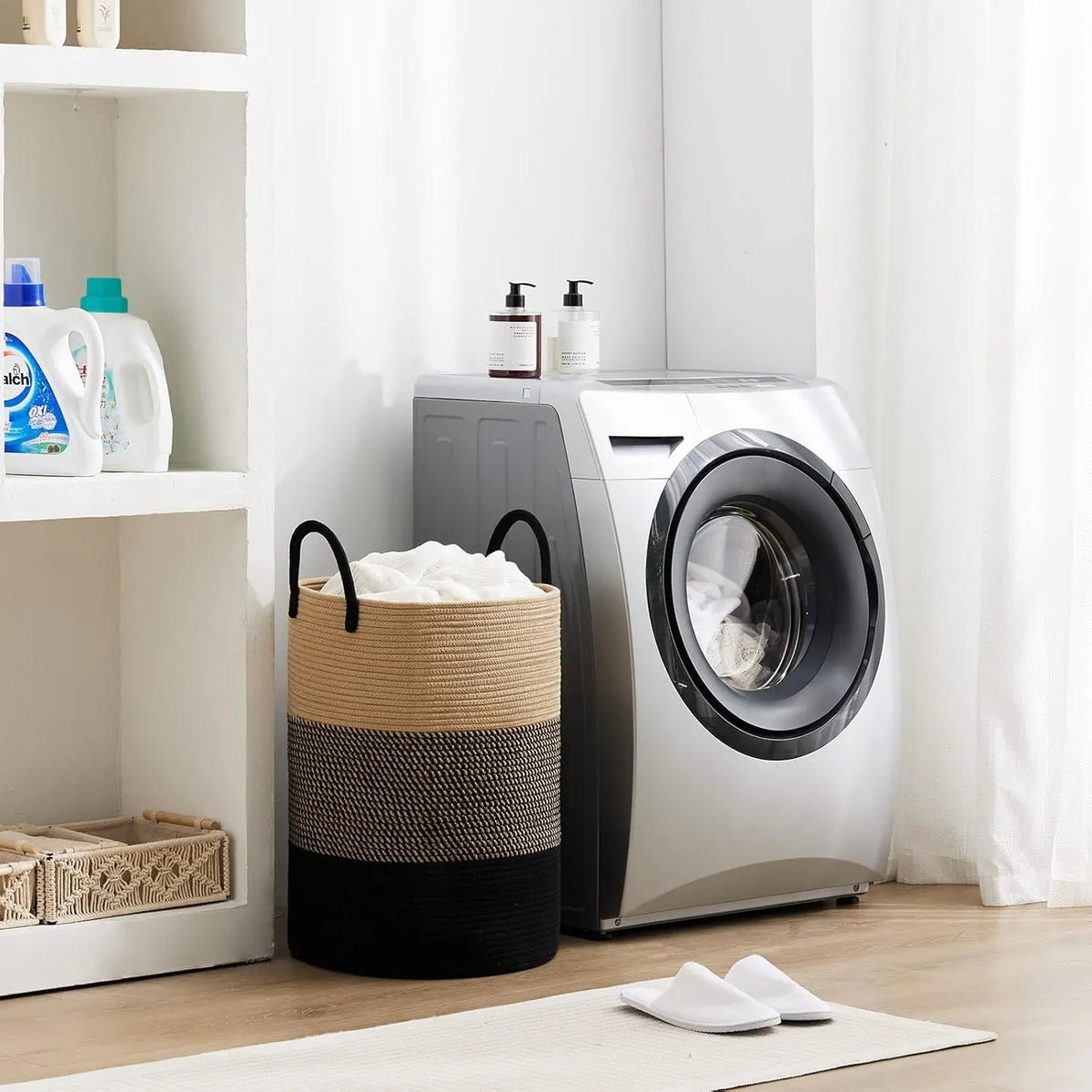 Cesto Alto Dobrável de Corda Bege e Preto, 58 L