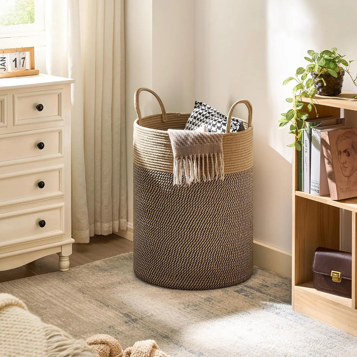 Cesto Alto de Corda Bicolor com Alças, 58 L