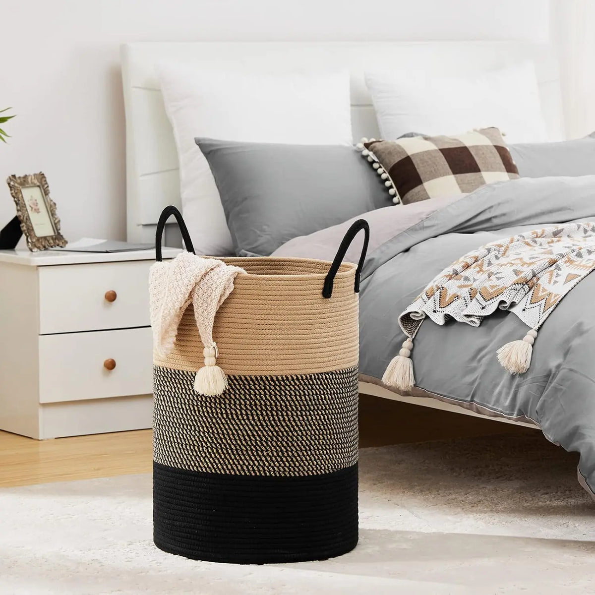 Cesto Alto Dobrável de Corda Bege e Preto, 58 L