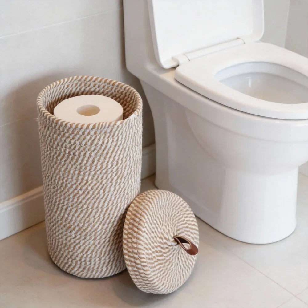 Cesto Cilíndrico de Corda com Tampa para Papel Higiênico