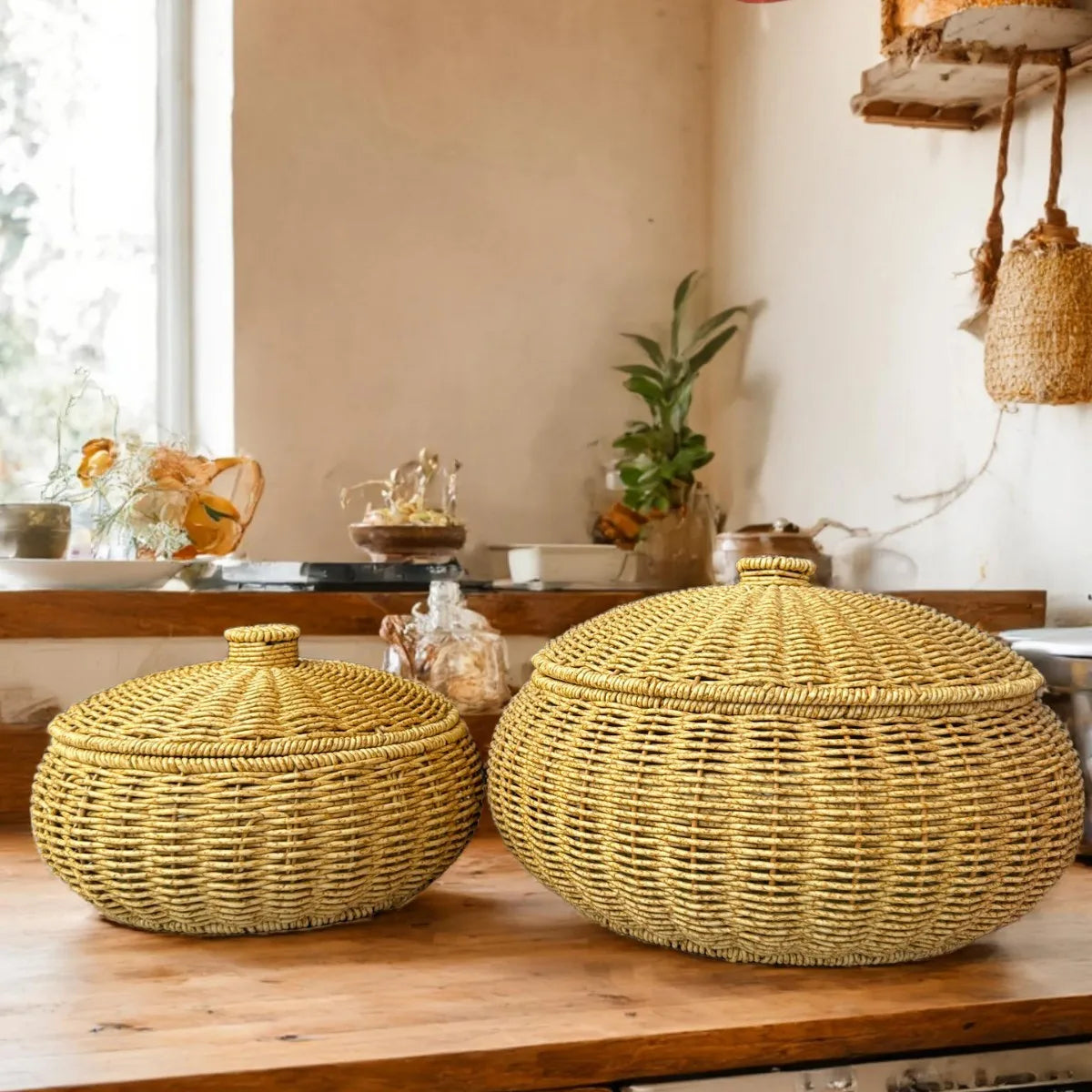 Cesta Redonda de Vime Sintético com Tampa para Cozinha