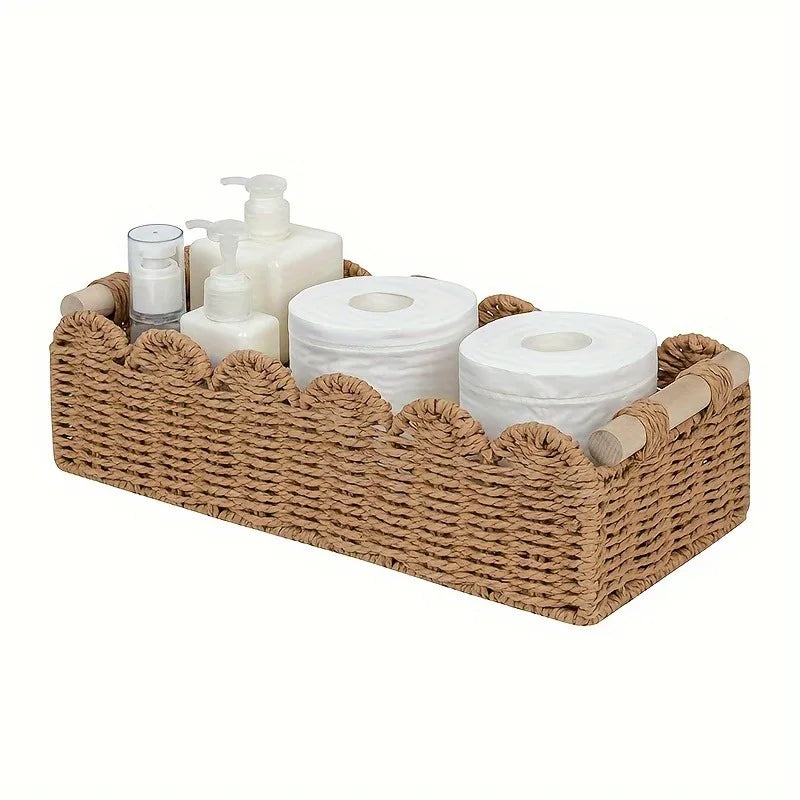 Cesta Escalopada de Corda com Alças de Madeira, 35 cm