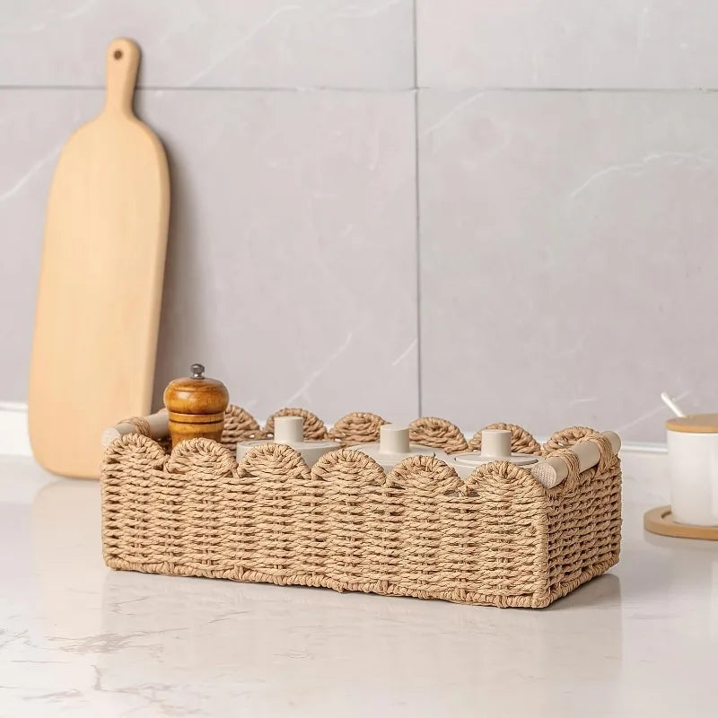 Cesta Escalopada de Corda com Alças de Madeira, 35 cm