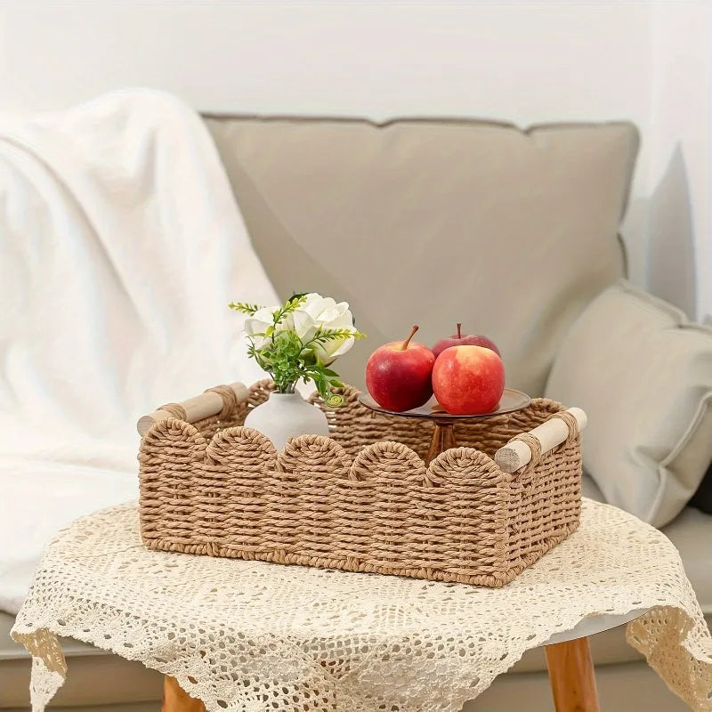 Cesta Escalopada de Corda com Alças de Madeira, 35 cm