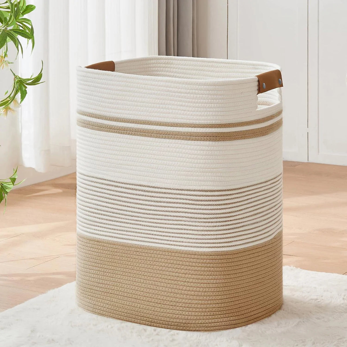 Cesto de Roupa Suja de Corda com Alças de Couro, 85 L