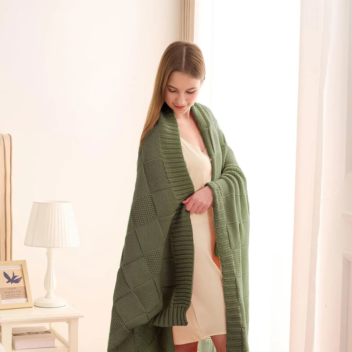 Cobertor de Tricô, Cobertor Verde Oliva com Estampa Xadrez para Sofá, Cobertor de Tricô Macio e Aconchegante para Cama, Sofá e Sala de Estar