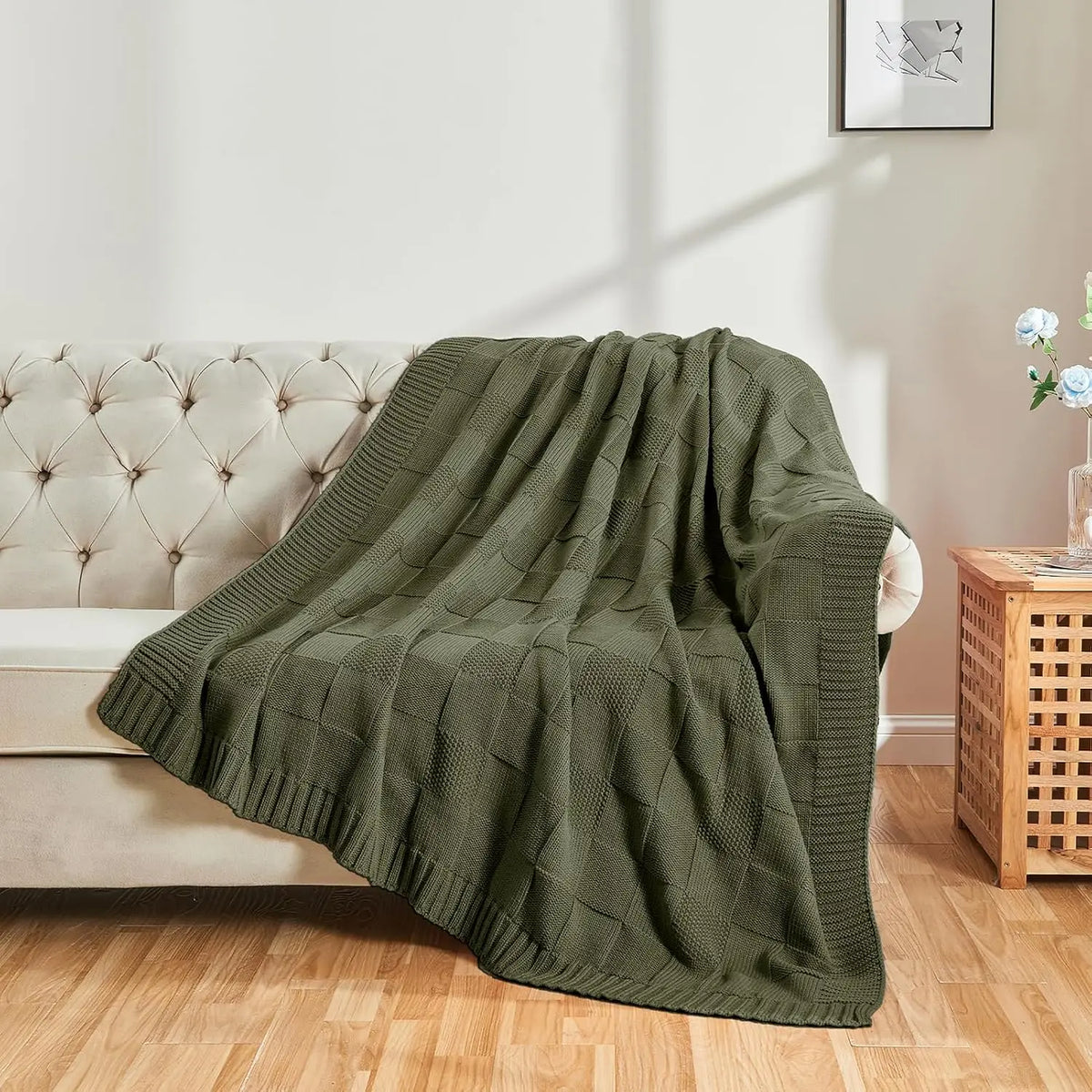 Cobertor de Tricô, Cobertor Verde Oliva com Estampa Xadrez para Sofá, Cobertor de Tricô Macio e Aconchegante para Cama, Sofá e Sala de Estar
