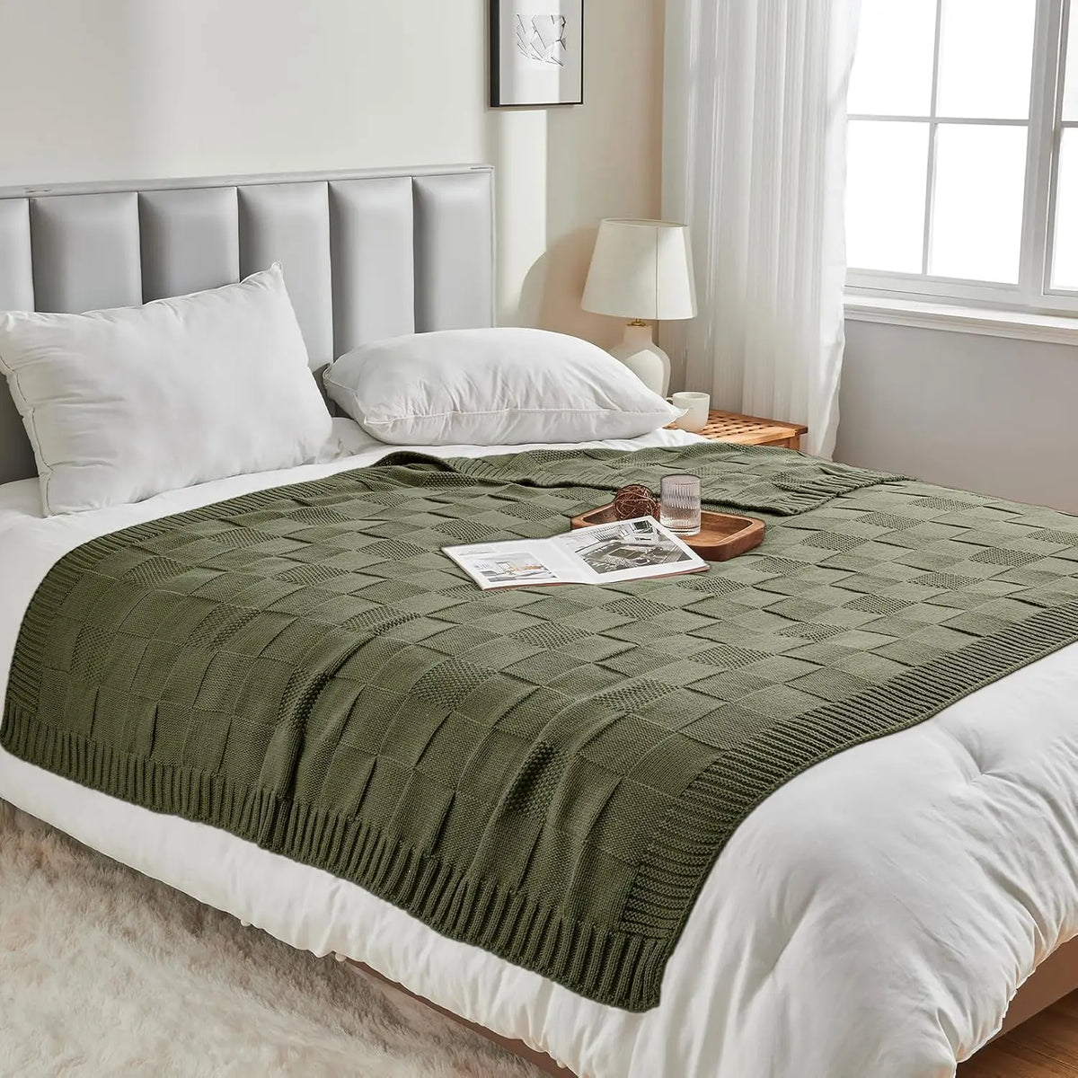 Cobertor de Tricô, Cobertor Verde Oliva com Estampa Xadrez para Sofá, Cobertor de Tricô Macio e Aconchegante para Cama, Sofá e Sala de Estar