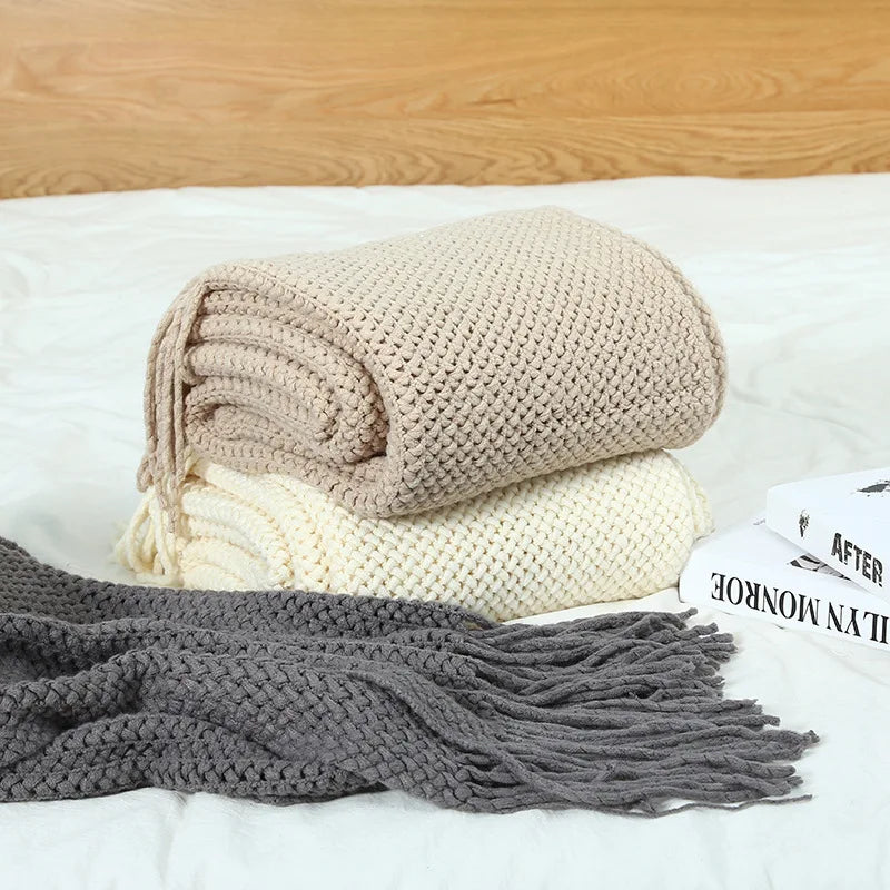 Cobertor de Tricô em Khaki, Cobertor Leve de Jacquard para Sofá, Cama, Cadeira, Textura Aconchegante Estilo Fazenda