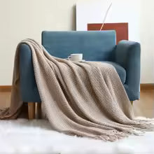 Cobertor de Tricô em Khaki, Cobertor Leve de Jacquard para Sofá, Cama, Cadeira, Textura Aconchegante Estilo Fazenda