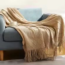 Cobertor de Tricô em Khaki, Cobertor Leve de Jacquard para Sofá, Cama, Cadeira, Textura Aconchegante Estilo Fazenda