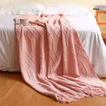 Cobertor de Tricô em Khaki, Cobertor Leve de Jacquard para Sofá, Cama, Cadeira, Textura Aconchegante Estilo Fazenda