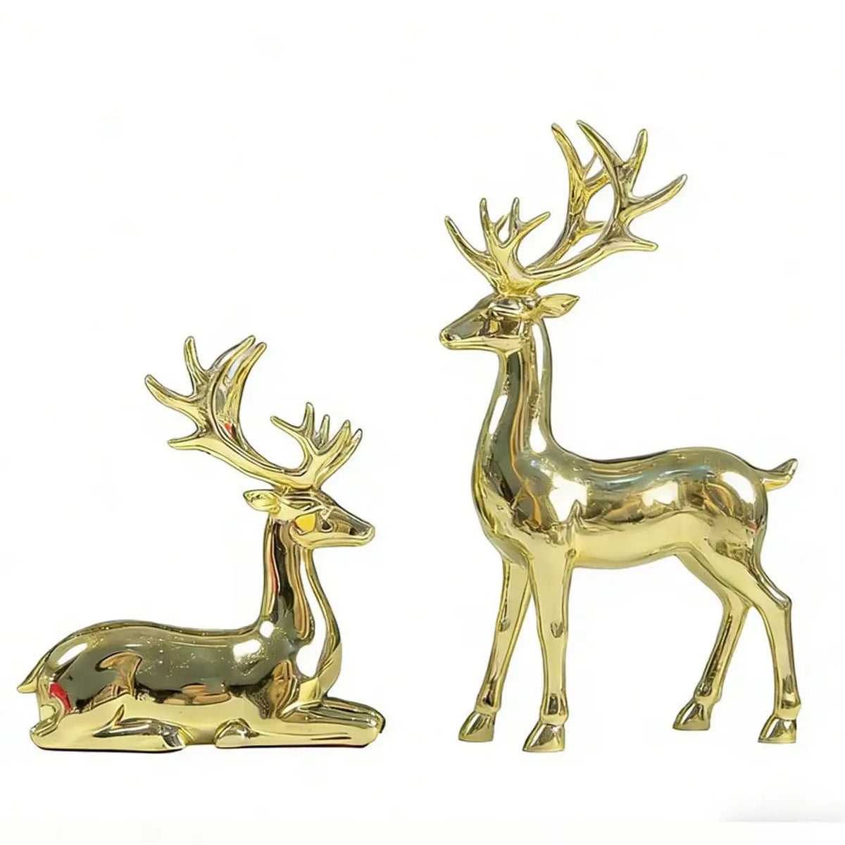 Conjunto de 2 peças de enfeites de rena banhados a ouro, enfeites de mesa em posição de pé e deitada, decoração de Natal para casa.