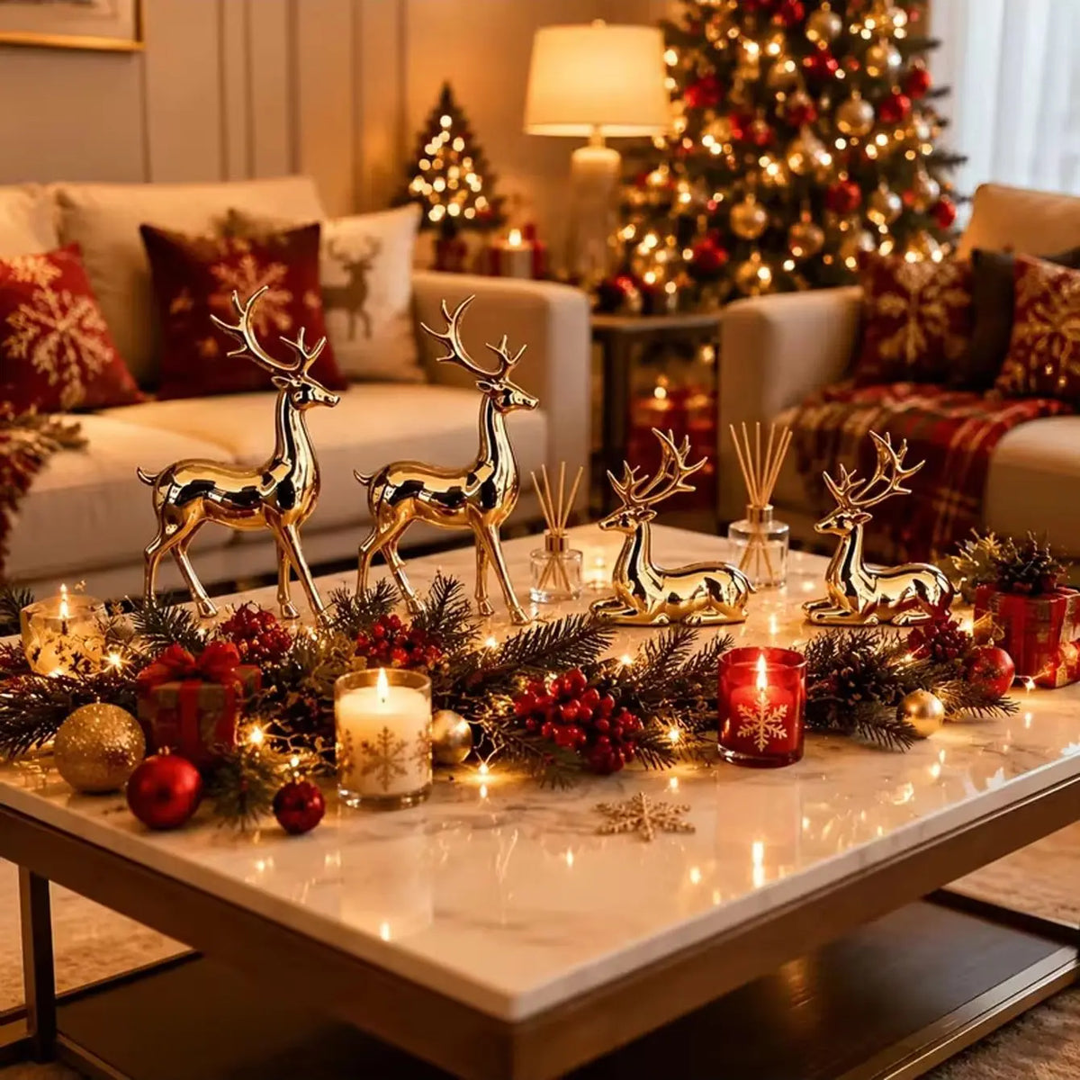 Conjunto de 2 peças de enfeites de rena banhados a ouro, enfeites de mesa em posição de pé e deitada, decoração de Natal para casa.