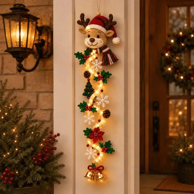 Enfeite de Natal para Porta com LED, Pai Natal de Crochê Feito à Mão, Árvore de Natal, Sino, Decoração de Parede para Casa, Porta da Frente, Enfeites de Ano Novo 2027