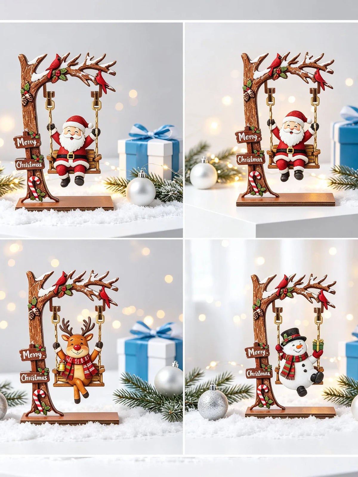 Enfeites de Natal em madeira, artesanatos natalinos divertidos com tema de baloiço, ideais para centros de mesa, decorações de festas e para decorar a mesa de trabalho em casa ou no escritório, ou para a estante de livros.