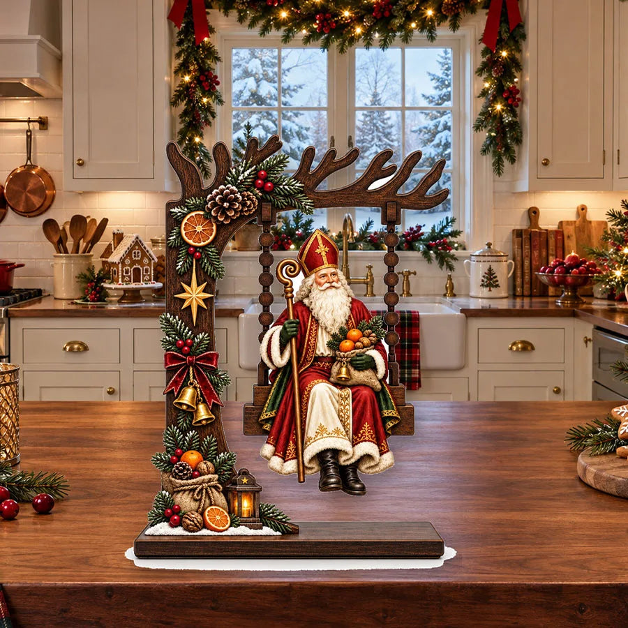 Enfeites de Natal em madeira, artesanatos natalinos divertidos com tema de baloiço, ideais para centros de mesa, decorações de festas e para decorar a mesa de trabalho em casa ou no escritório, ou para a estante de livros.