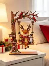Enfeites de Natal em madeira, artesanatos natalinos divertidos com tema de baloiço, ideais para centros de mesa, decorações de festas e para decorar a mesa de trabalho em casa ou no escritório, ou para a estante de livros.