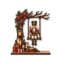 Enfeites de Natal em madeira, artesanatos natalinos divertidos com tema de baloiço, ideais para centros de mesa, decorações de festas e para decorar a mesa de trabalho em casa ou no escritório, ou para a estante de livros.