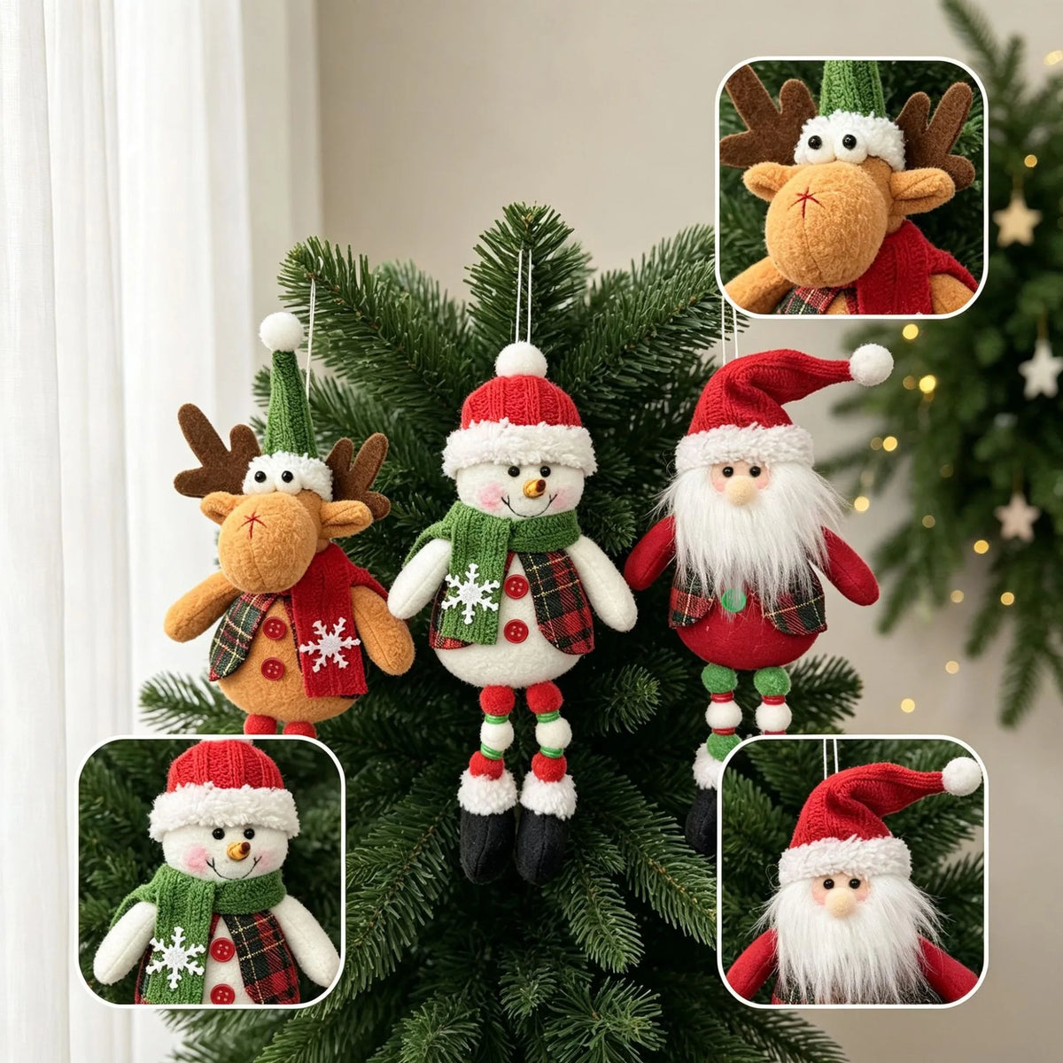 Enfeites de Pelúcia para Pendurar na Árvore de Natal, Bonecos de Papai Noel, Boneco de Neve e Rena, Pingentes de Pano Tartan, Decoração de Natal para Casa, Festa e Presente