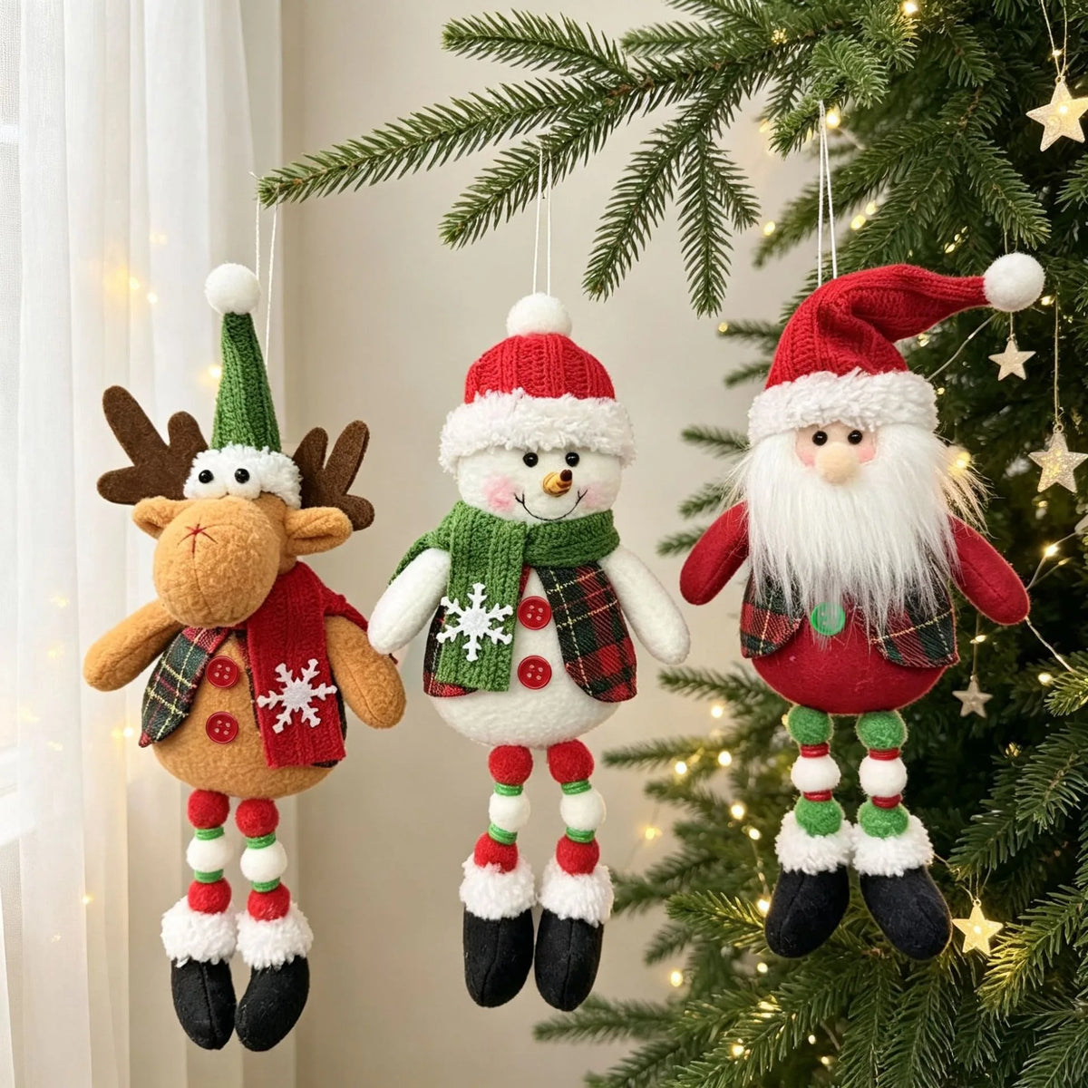 Enfeites de Pelúcia para Pendurar na Árvore de Natal, Bonecos de Papai Noel, Boneco de Neve e Rena, Pingentes de Pano Tartan, Decoração de Natal para Casa, Festa e Presente