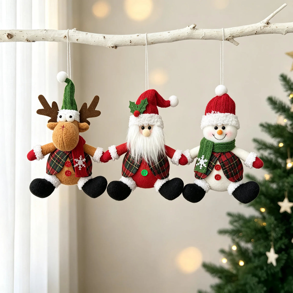Enfeites de Pelúcia para Pendurar na Árvore de Natal, Bonecos de Papai Noel, Boneco de Neve e Rena, Pingentes de Pano Tartan, Decoração de Natal para Casa, Festa e Presente