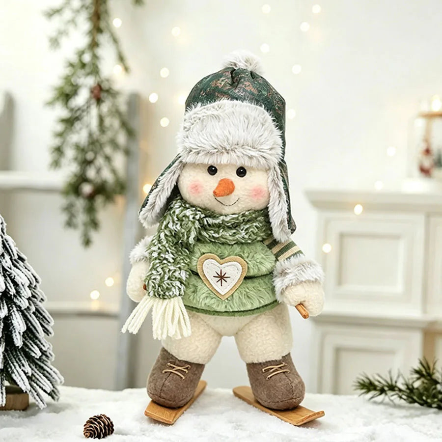 Estatuetas de bonecos de neve verdes para o Natal, decoração de cenas natalinas e enfeites de bonecos que realçam o ambiente, disponíveis em vários estilos, incluindo renas, bonecos de neve e designs de snowboard/esqui, adequados para decorações de férias, vitrines de shoppings e hotéis.