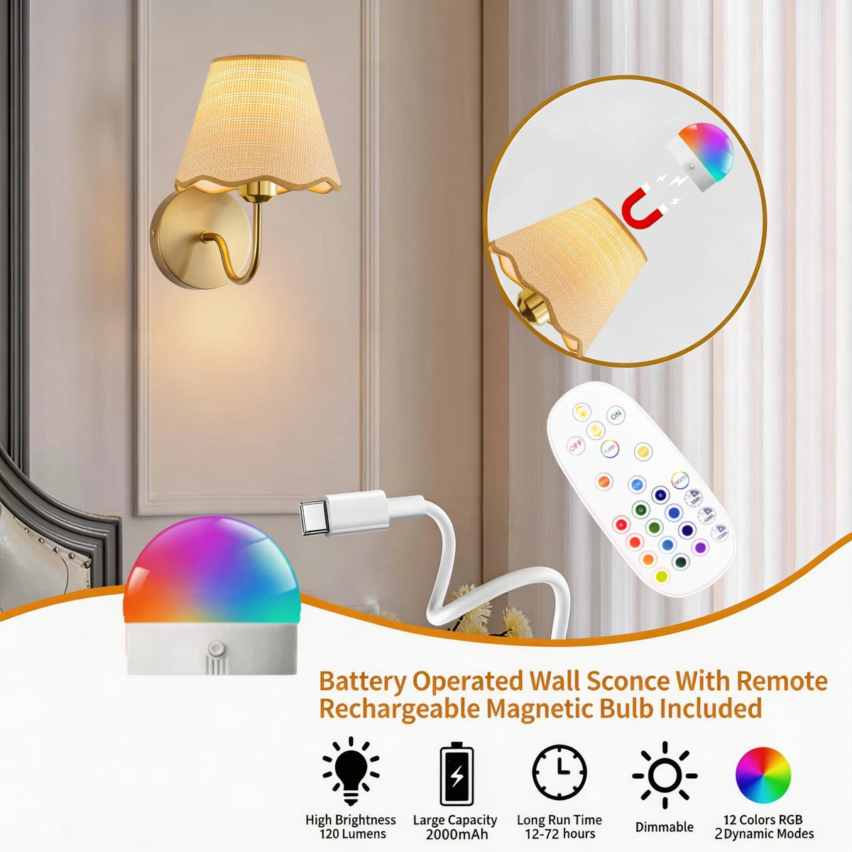 Lâmpada de parede alimentada por bateria, lâmpada de parede com carregamento sem fio e lâmpadas de 15 cores, lâmpada de parede regulável com controle remoto, adequada para decoração de quarto, sala de estar e corredor (abajur de rattan).