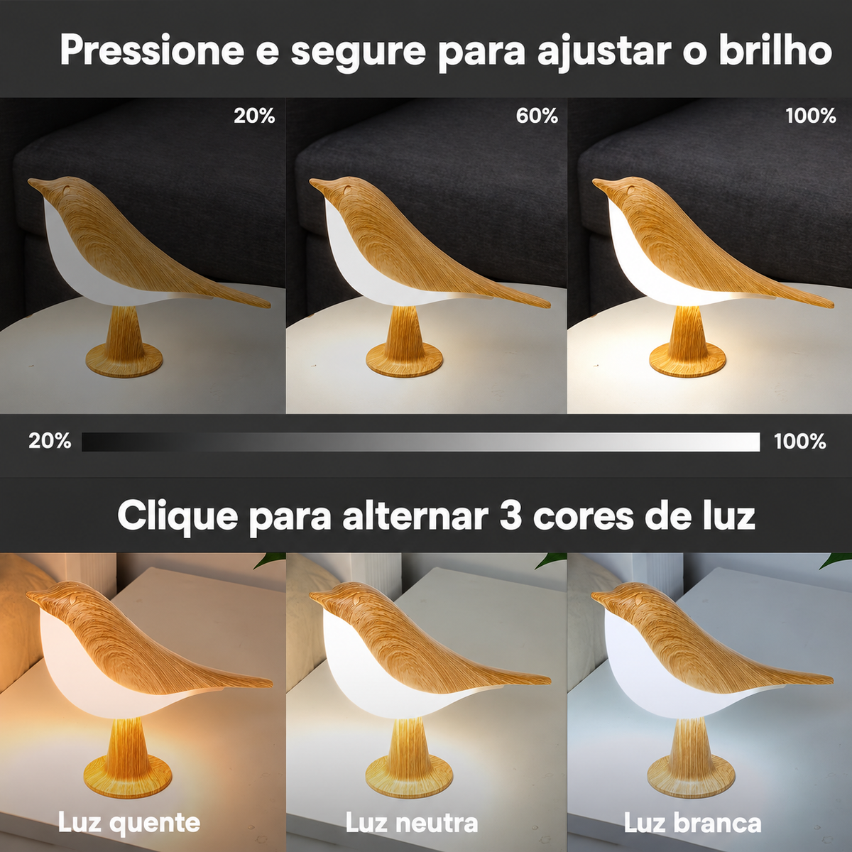 Luminária Pássaro com Sensor de Toque e USB, 2 Cores