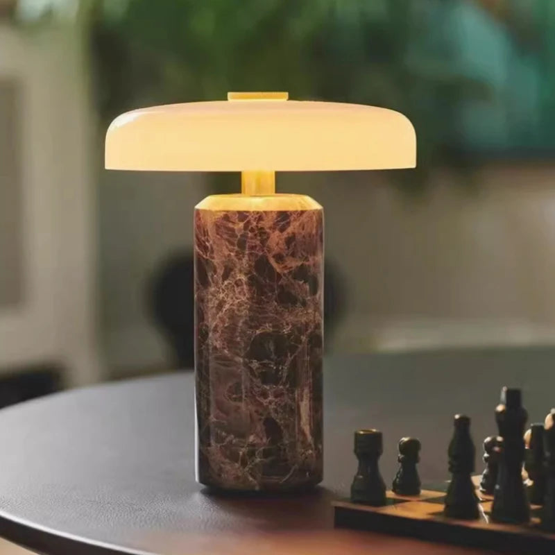 Luminária de Mesa LED com Bateria Recarregável, Estilo Art Deco, Vidro e Mármore