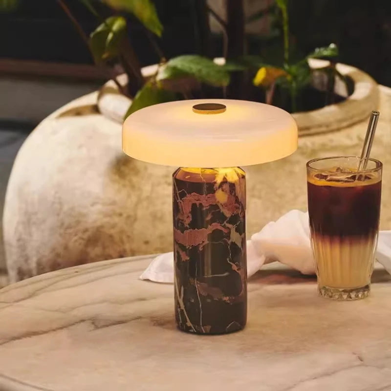 Luminária de Mesa LED com Bateria Recarregável, Estilo Art Deco, Vidro e Mármore