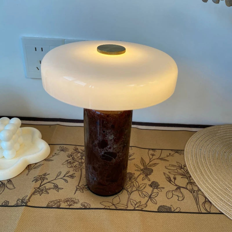 Luminária de Mesa LED com Bateria Recarregável, Estilo Art Deco, Vidro e Mármore