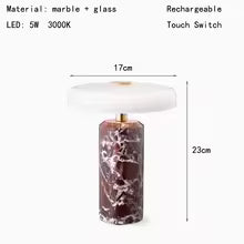 Luminária de Mesa LED com Bateria Recarregável, Estilo Art Deco, Vidro e Mármore