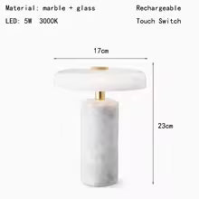 Luminária de Mesa LED com Bateria Recarregável, Estilo Art Deco, Vidro e Mármore