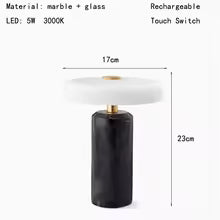 Luminária de Mesa LED com Bateria Recarregável, Estilo Art Deco, Vidro e Mármore