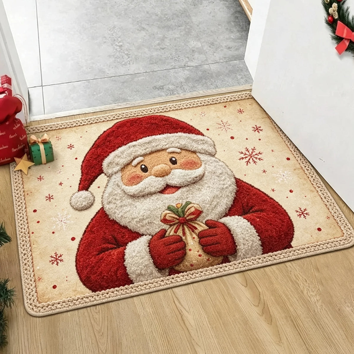 Tapete de Boas-Vindas Antiderrapante para Entrada de Natal com Papai Noel Festivo, Chapéu Vermelho, Fundo Verde, Bagas e Sino