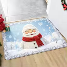 Tapete de Boas-Vindas Antiderrapante para Entrada de Natal com Papai Noel Festivo, Chapéu Vermelho, Fundo Verde, Bagas e Sino